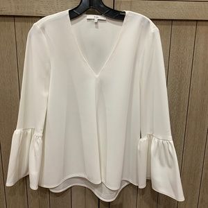 TIBI chalky drape V-neck ruffle bell sleeve top, Soft White, Size XXS